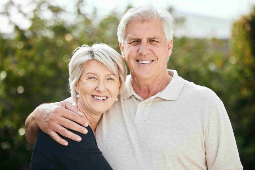 Outdoor portraits, elderly couples embracing, care and support, romantic and marital relationships